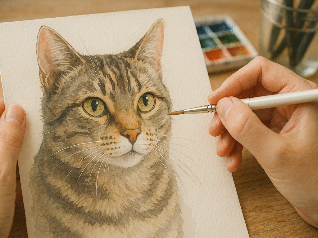 Artist refining a custom watercolor pet portrait using glazing, lifting, and masking fluid techniques.