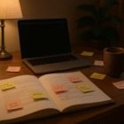 Creative workspace with an open manuscript, laptop, and colorful sticky notes.