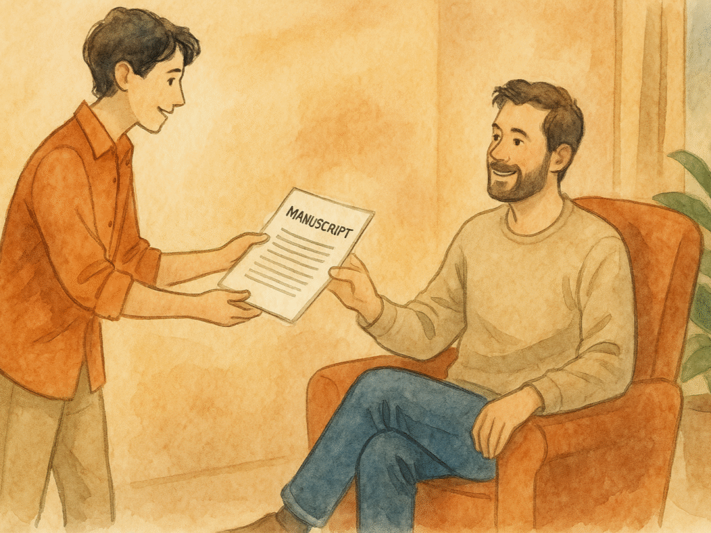 An author handing a printed manuscript to a casual reader.