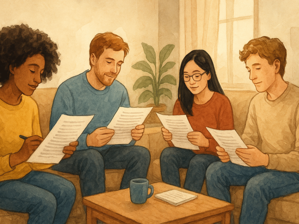 Group of casual readers reviewing a manuscript and taking notes.