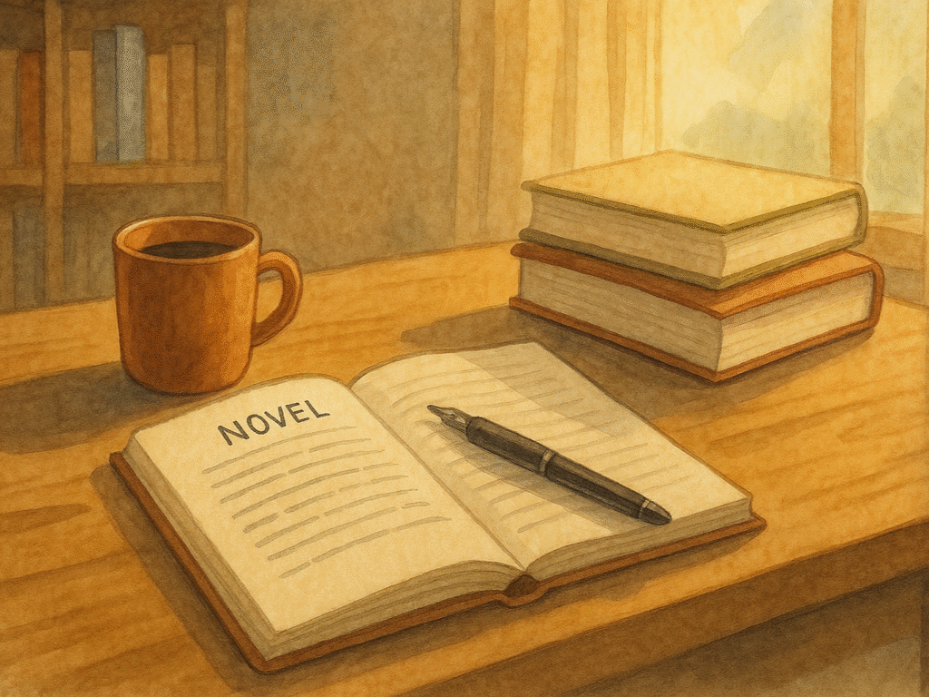 Cozy writing desk with books, coffee, and notebook in warm natural light.