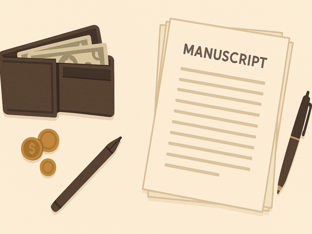 Open wallet with money beside printed manuscript pages and pen.