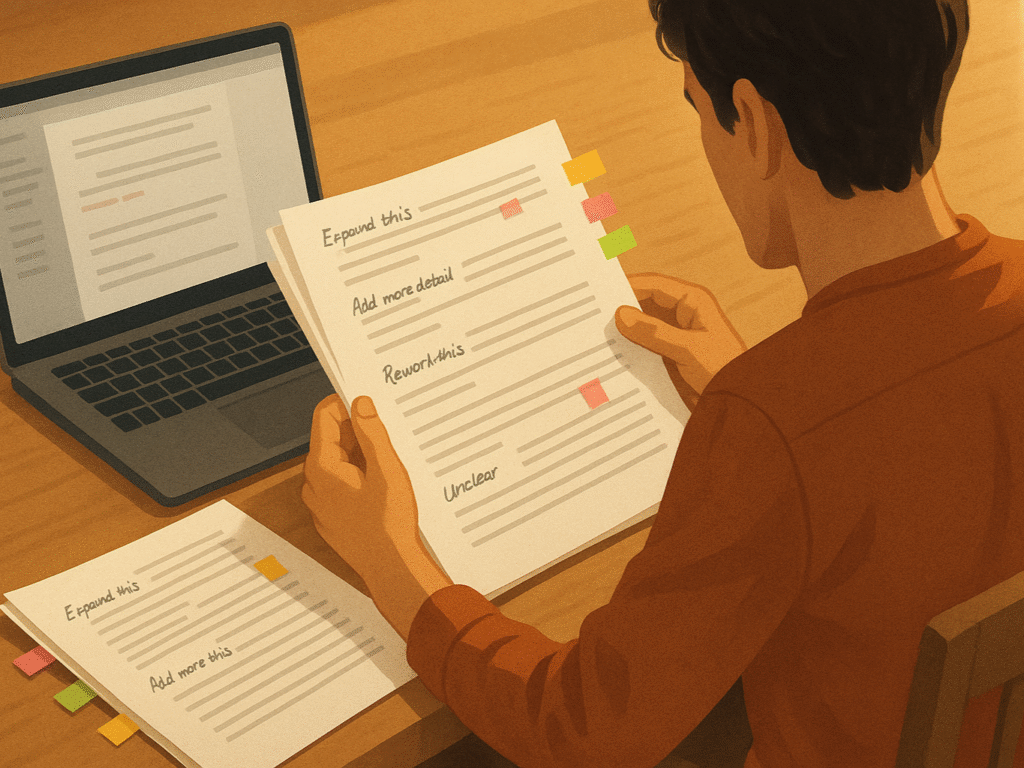 Writer reviewing manuscript pages with notes and sticky tabs beside an open laptop.