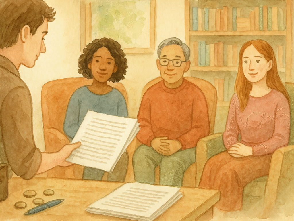 Writer sharing a manuscript with beta readers gathered in a cozy reading space.