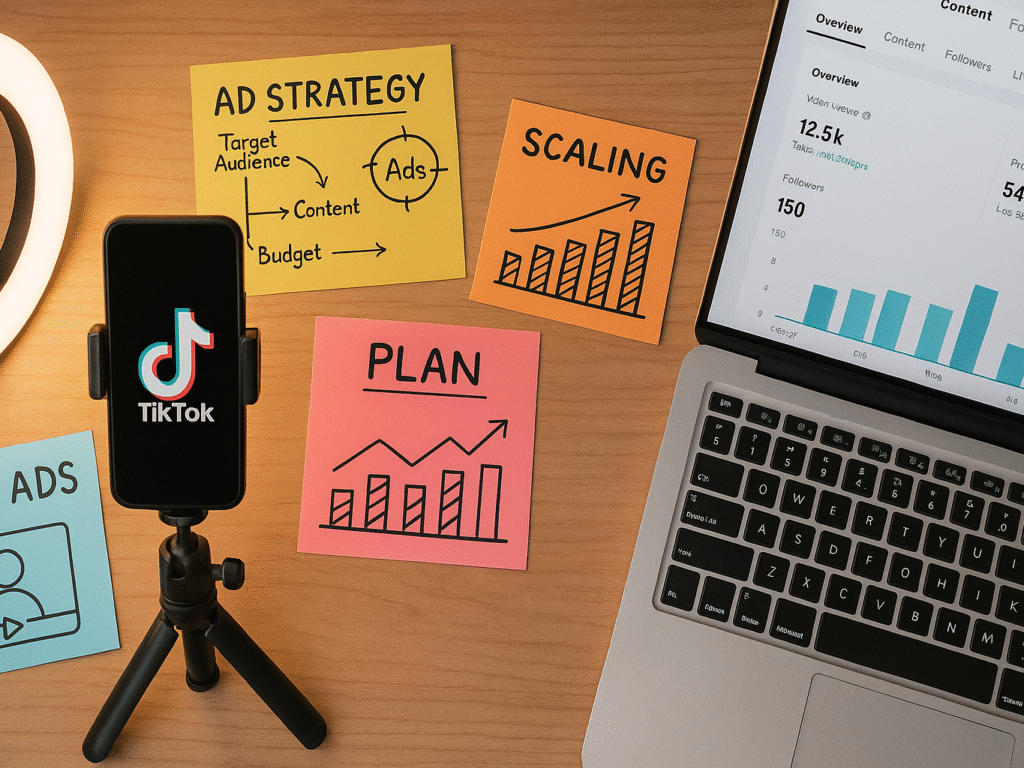 TikTok UGC ad strategy workspace with phone, laptop, and notes.
