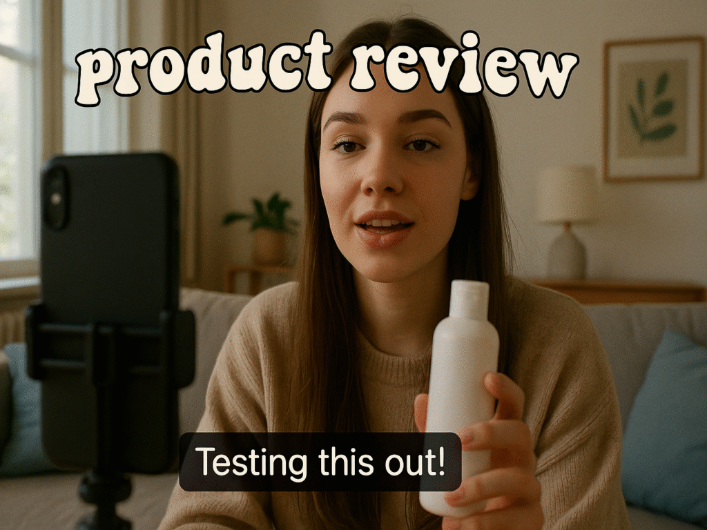 AI-generated TikTok UGC avatar filming a casual product review video.
