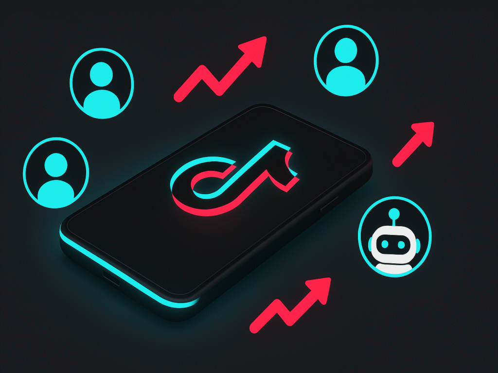 TikTok phone screen with AI and UGC icons showing growth and engagement.