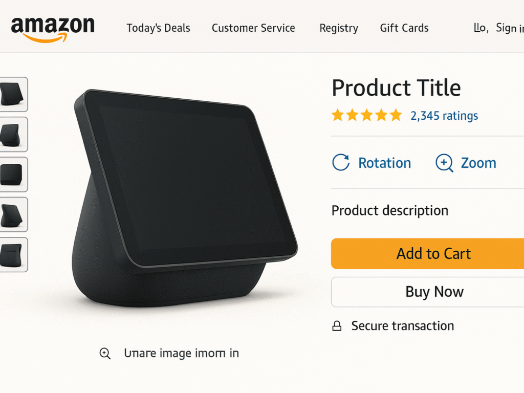 3D product animation of a gadget on an Amazon page.