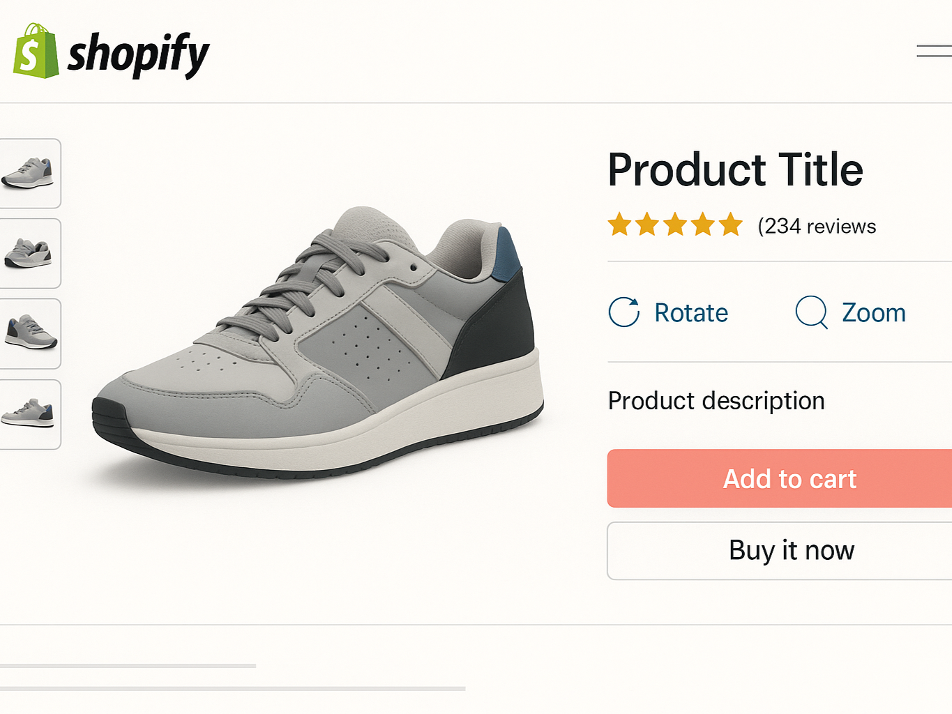 Shopify product page with interactive 3D model viewer.