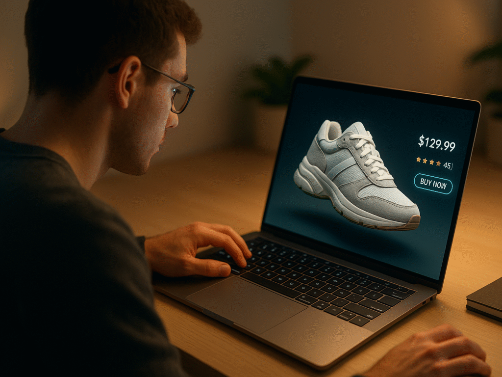 Shopper viewing a 3D product animation on a laptop.