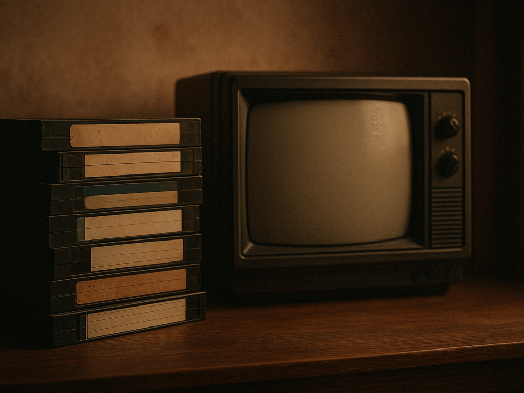 A stack of old VHS tapes showing wear and fading labels.