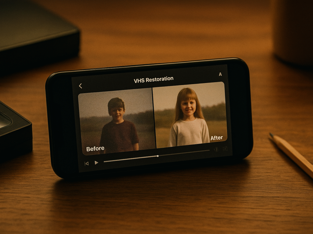 A smartphone restoring an old VHS video using an app interface.