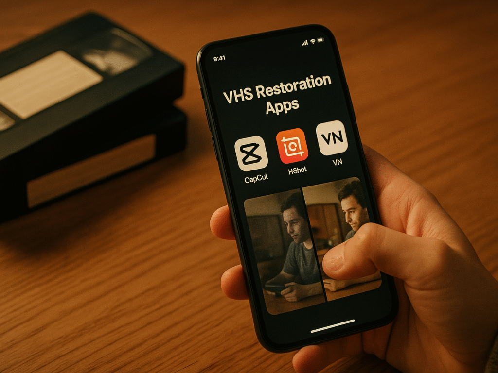 A person comparing different VHS restoration apps on a smartphone.