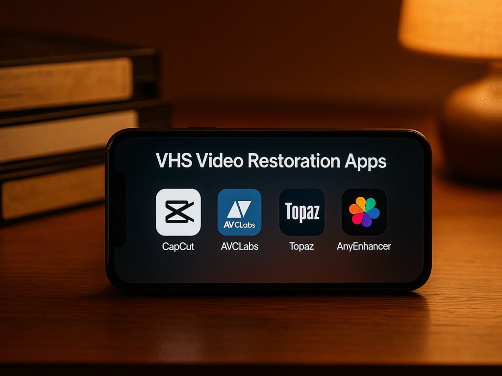 A smartphone displaying various VHS video restoration apps in a neat layout.