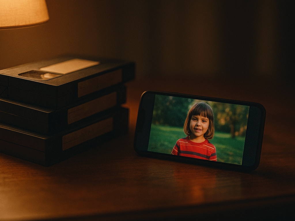 A nostalgic scene of old VHS tapes beside a glowing smartphone showing restored video playback.