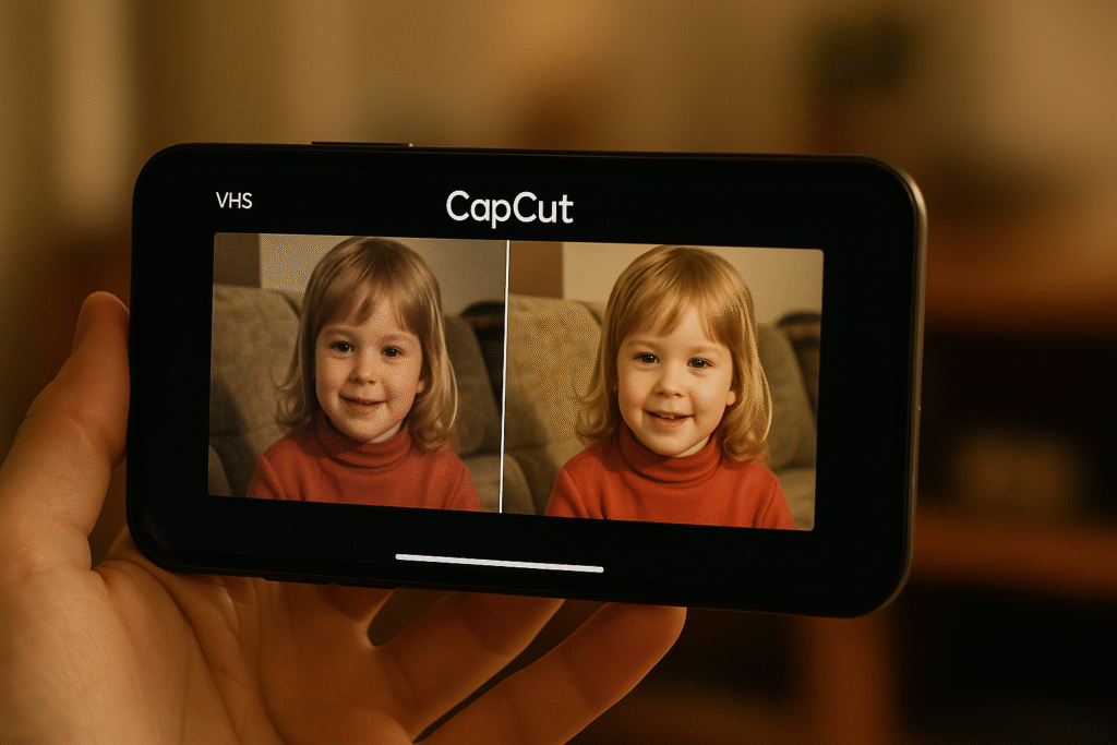 CapCut app restoring an old family VHS video.